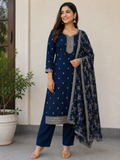 Navy Blue Vichitra Silk Zari 3-Piece Set