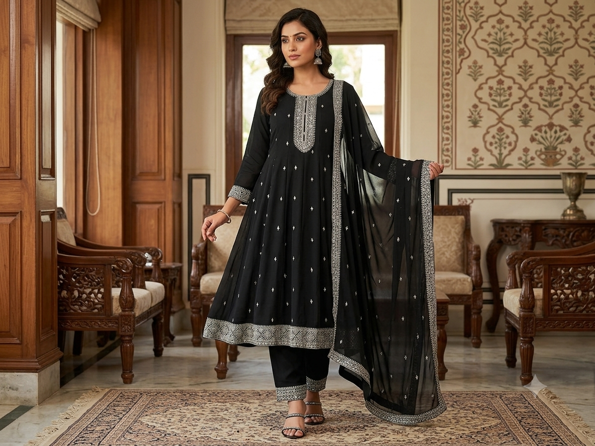 Black Embroidered Anarkali 3-Piece Set