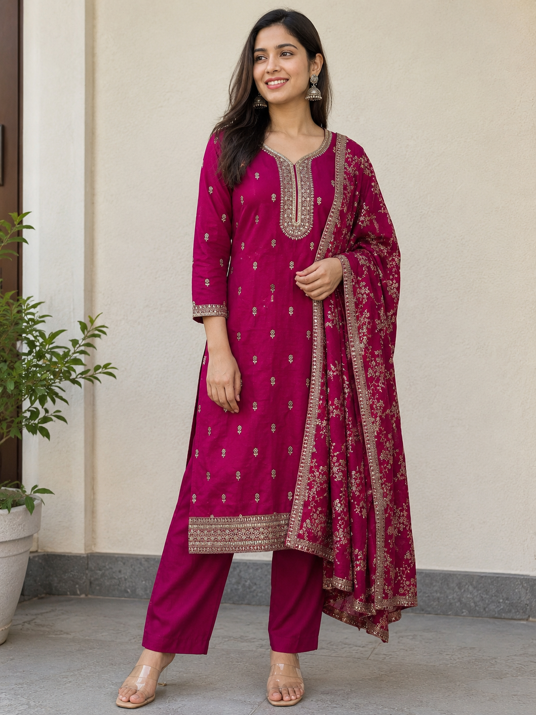 Magenta Vichitra Silk Zari 3-Piece Set