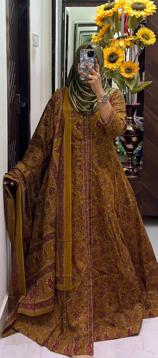 Mustard Floral Coat Maxi 2-Piece Set with Dupatta