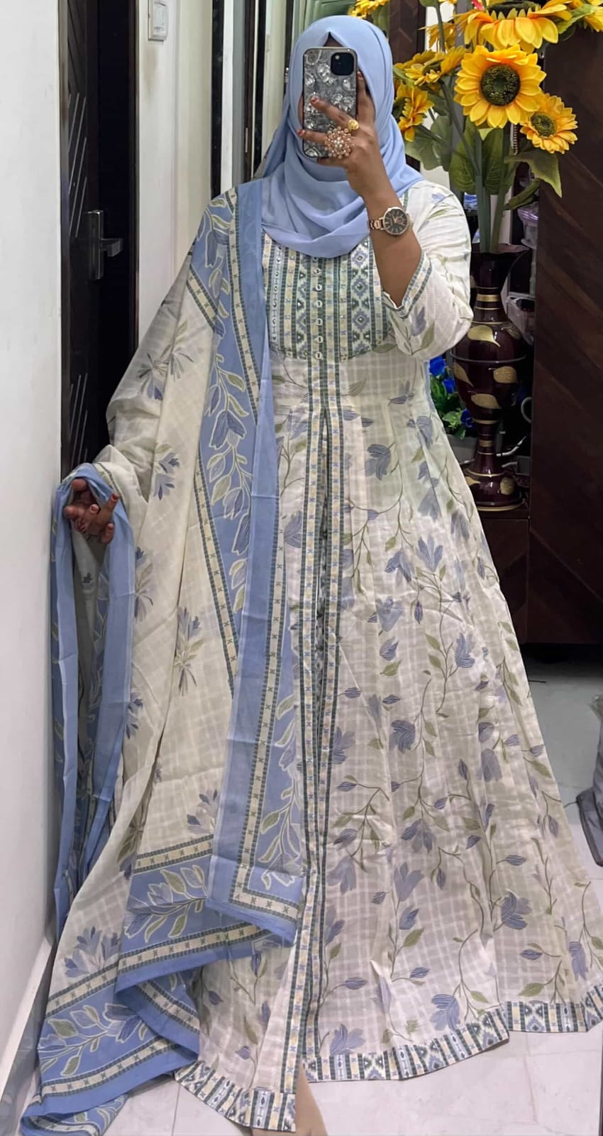 White & Blue Leaf Print Coat Maxi 2-Piece Set with Dupatta