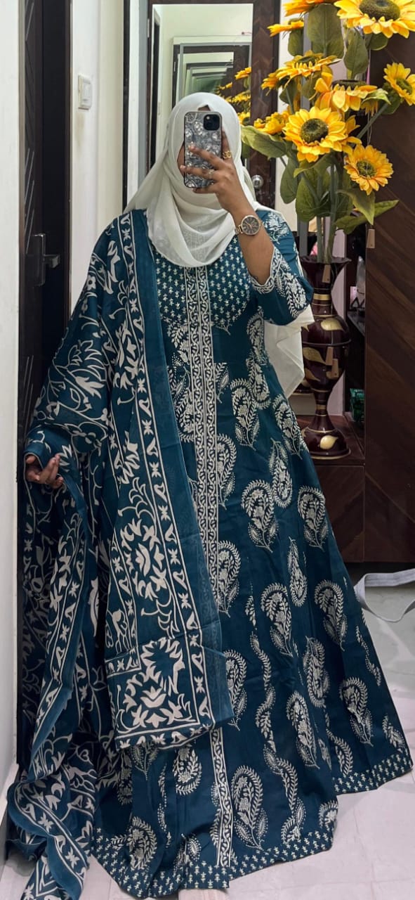 Teal Paisley Coat Maxi 2-Piece Set with Dupatta