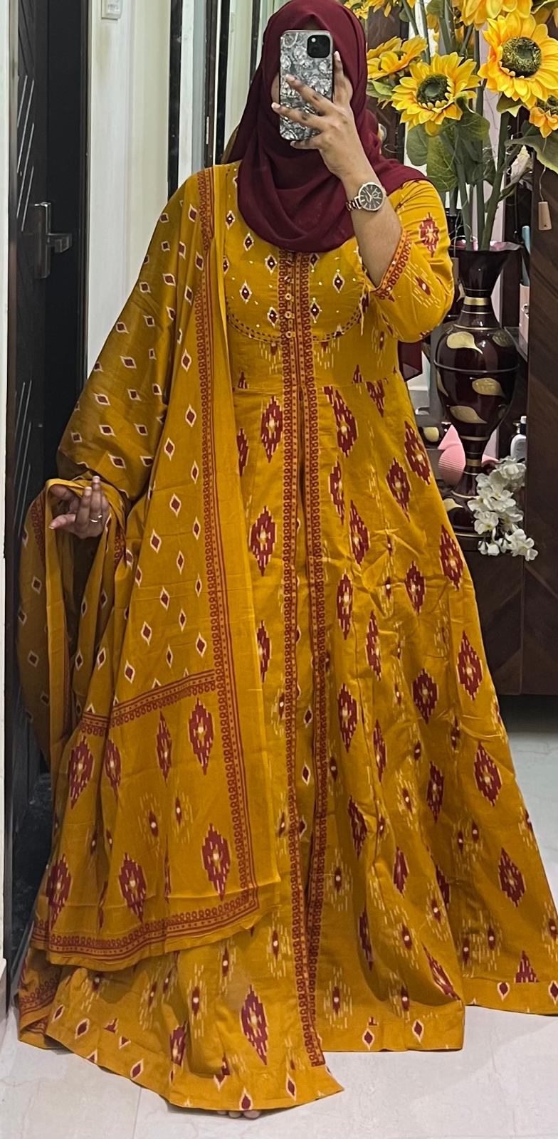 Yellow Ikat Print Coat Maxi 2-Piece Set with Dupatta