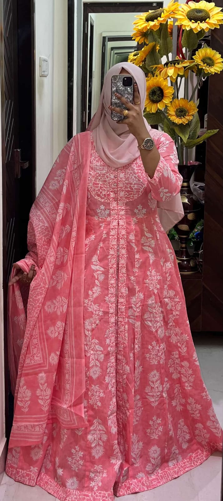 Pink Floral Coat Maxi 2-Piece Set with Dupatta